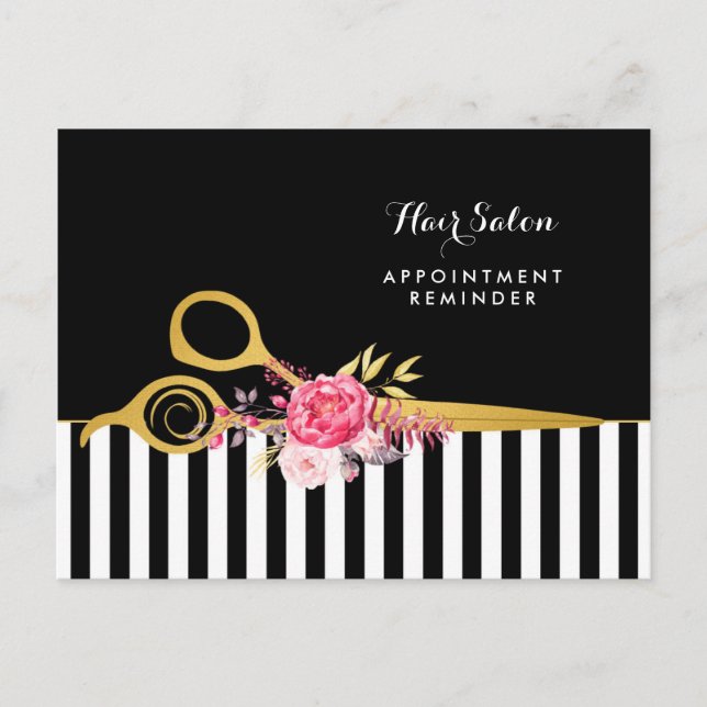 Cartão Postal Nomeação Tesoura Dourada Faux Salão Floral Rosa Ro (Frente)