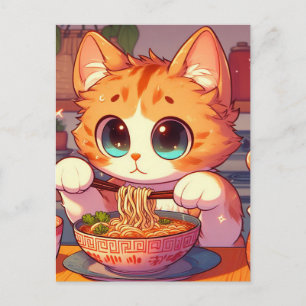 Cartão Postal Noodles Adorable Cat Eating Ramen