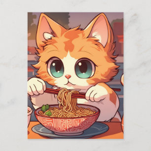 Cartão Postal Noodles De Ramen Comendo Gato-De-Corte