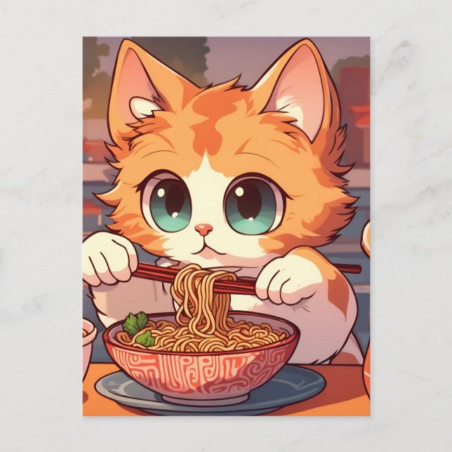 Cartão Postal Noodles De Ramen Comendo Gato-De-Corte (Frente)