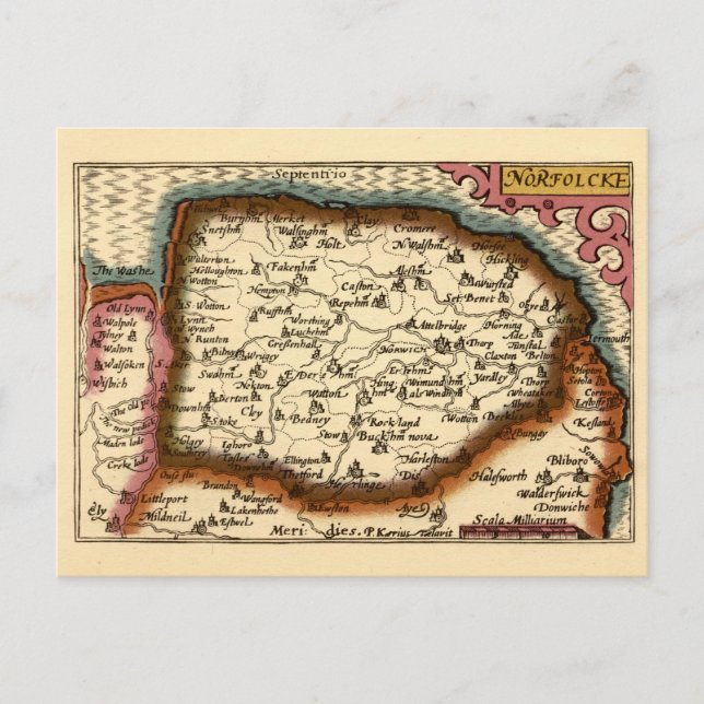 Cartão Postal Norfolk "Norfolcke" County England Antigo Mapa do  (Frente)