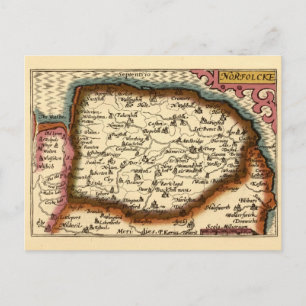 Cartão Postal Norfolk "Norfolcke" County England Antigo Mapa do 