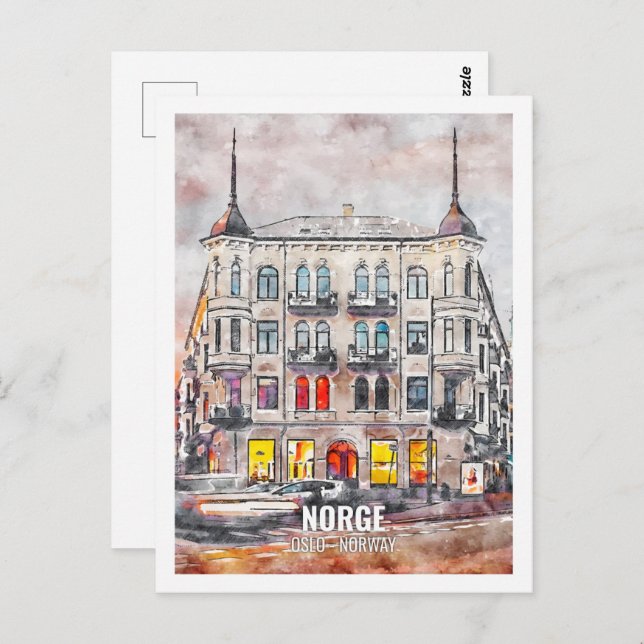 Cartão Postal Norge Oslo Noruega Familiar Viagem Place Watercolo (Frente/Verso)