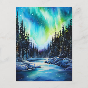 Cartão Postal Norte de Aquarela Luzes aurora borealis