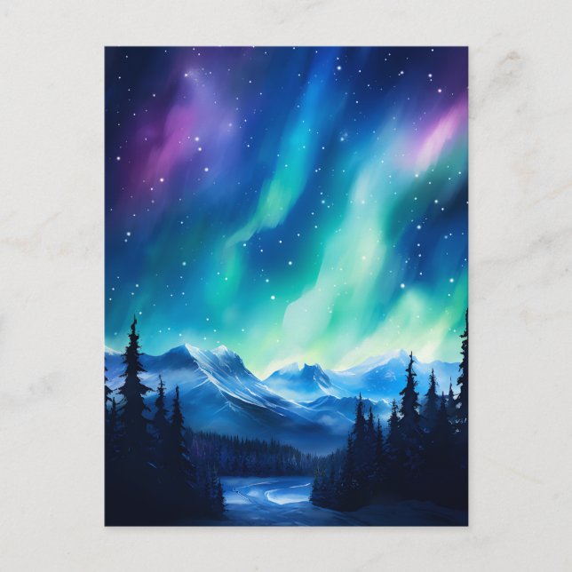 Cartão Postal Norte de Aquarela Luzes aurora borealis (Frente)