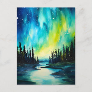 Cartão Postal Norte de Aquarela Luzes aurora borealis