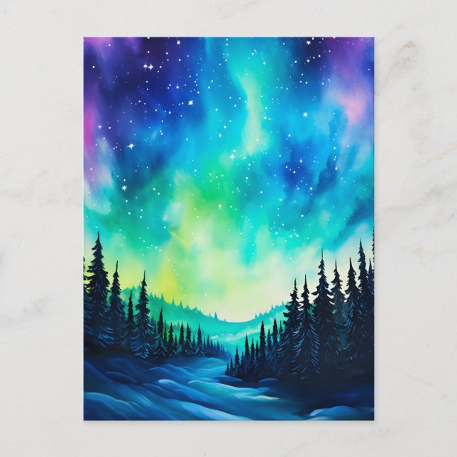Cartão Postal Norte de Aquarela Luzes aurora borealis (Frente)