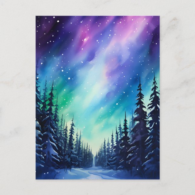 Cartão Postal Norte de Aquarela Luzes aurora borealis (Frente)