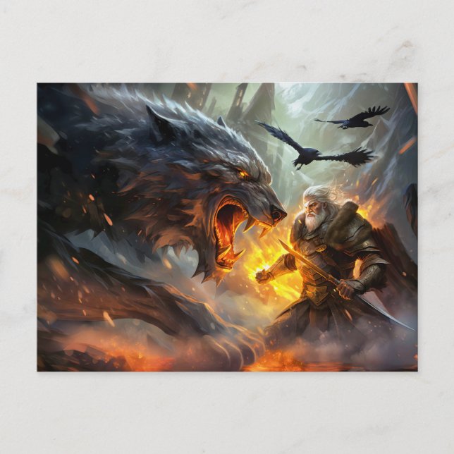 Cartão Postal Northern god Odin fights against Wolf Fenris (Frente)