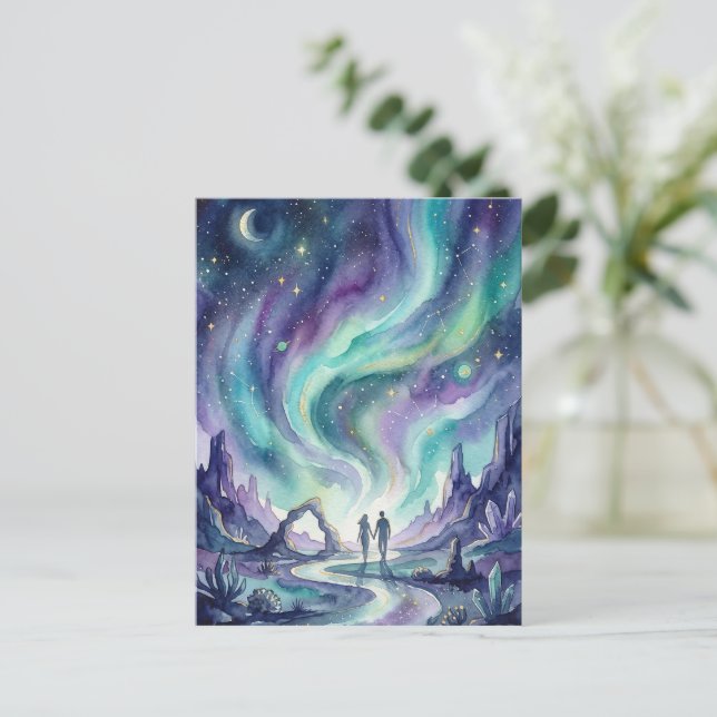 Cartão Postal Northern Lights Night Sky Romantic Landscape (Em pé/Frente)