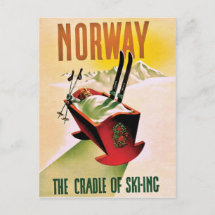 Cartão Postal Noruega, berço de esqui, viagens vintage