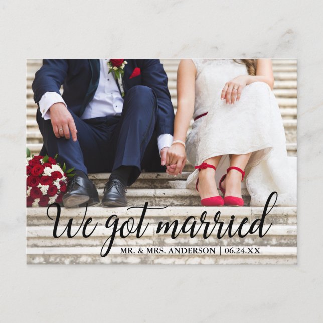 Cartão Postal Nós Casamos Com Foto De Casamento Caligrafia (Frente)