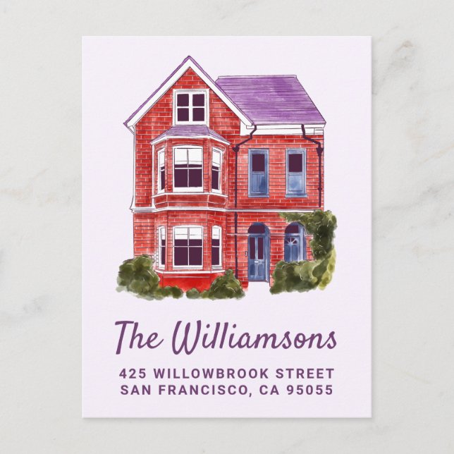 Cartão Postal NOS MUDAMOS | Postal de casa aquarela (Frente)