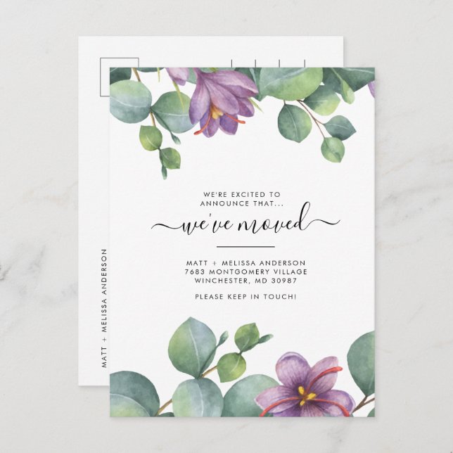 Cartão Postal Nós nos mudamos Eucalipto Verde Roxo Mudança (Frente/Verso)
