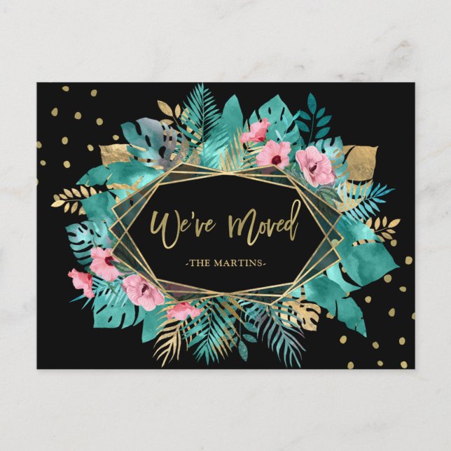 Cartão Postal Nós Nos Mudamos | Folhas Douradas tropicais se mov (Frente)