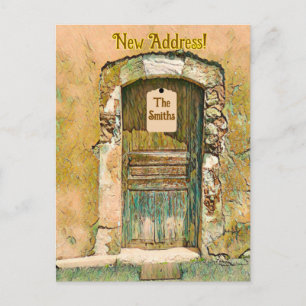 CARTÃO POSTAL NÓS NOS MUDAMOS! PORTA DE MADEIRA RÚSTICA PINTADA