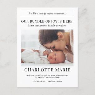 Cartão Postal Nosso Pacote de Alegria está aqui, Anúncio de Nasc