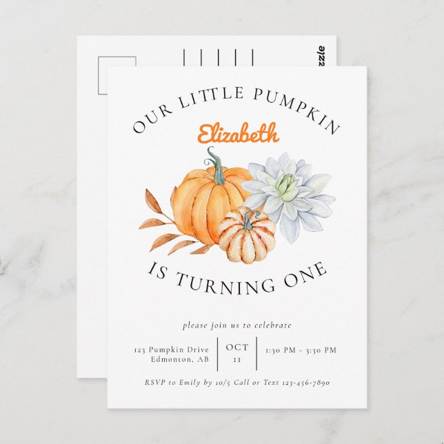 Cartão Postal Nosso Pequeno Abóbora 1º Aniversário Floral Outono (Frente/Verso)