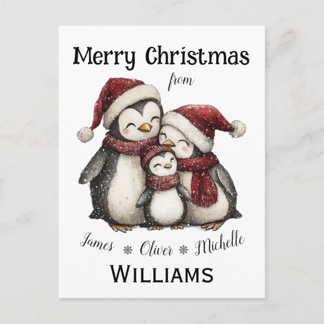 Cartão Postal Nosso Primeiro Natal como Família de Três Pinguins (Frente)