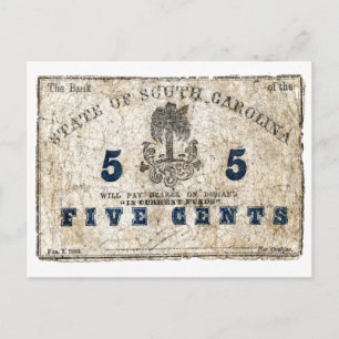 Cartão Postal Nota de 5 Centavos Carolina do Sul 1863