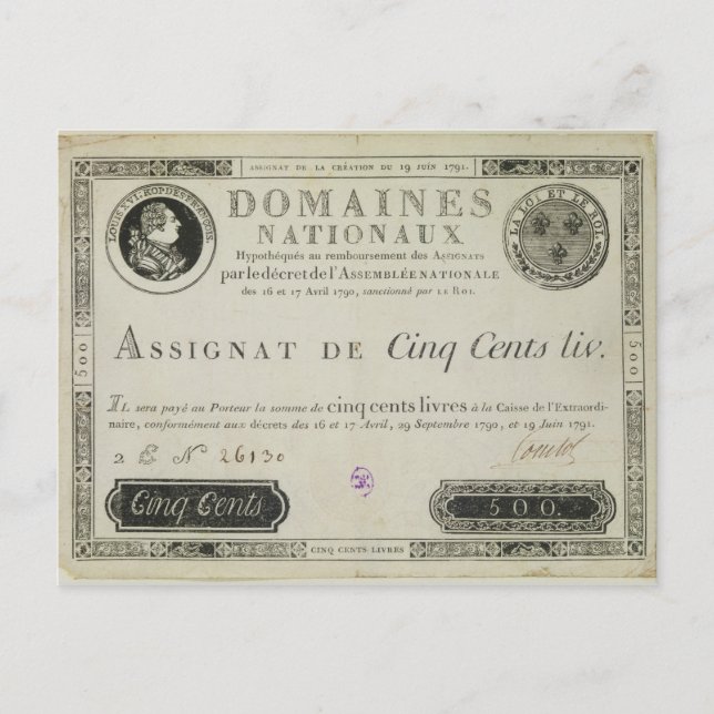 Cartão Postal Nota de quinhentos livres, 19 de junho de 1791 (Frente)