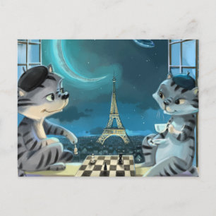 Cartão postal noturno da Torre Eiffel de gatos