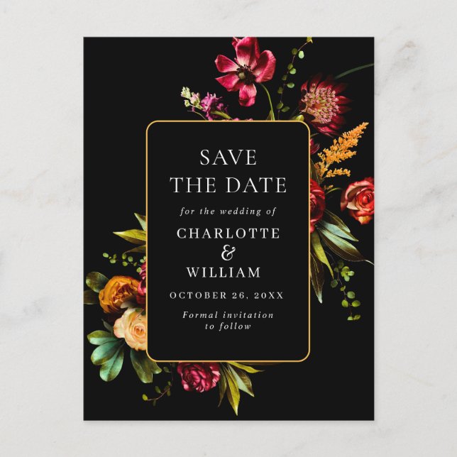 Cartão Postal Nouveau Flores Casando Guarde a Data QR Code (Frente)