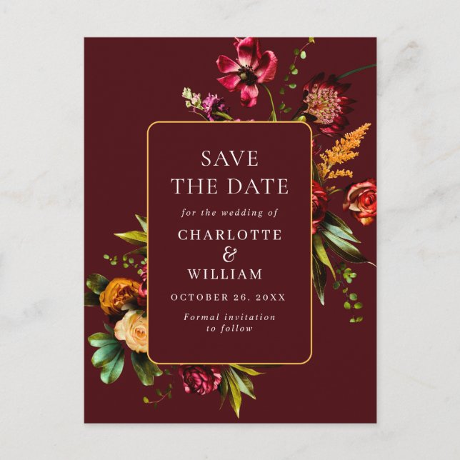 Cartão Postal Nouveau Flores Casando Guarde a Data QR Code (Frente)