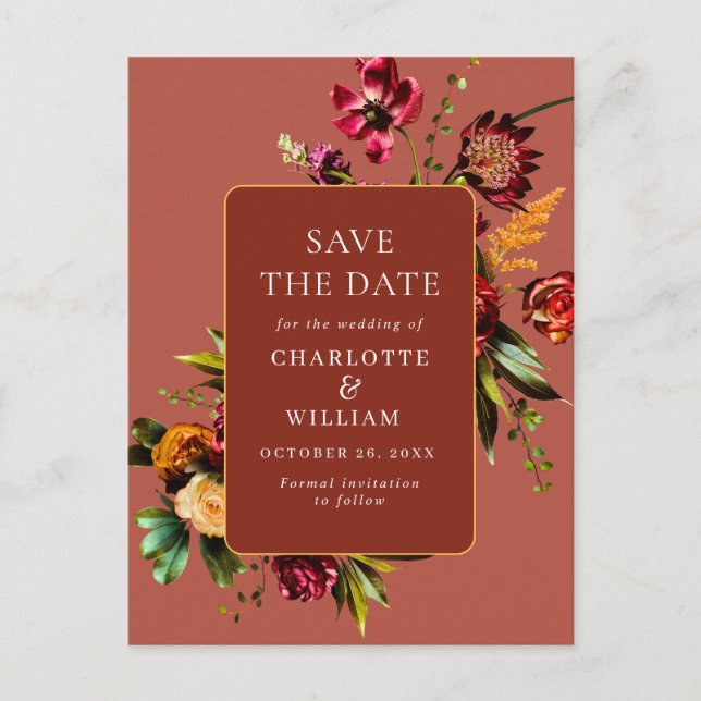 Cartão Postal Nouveau Flores Casando Guarde a Data QR Code (Frente)