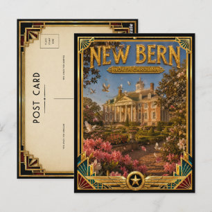 Cartão Postal Nova Bern Carolina Arte Deco Dourado Vintage