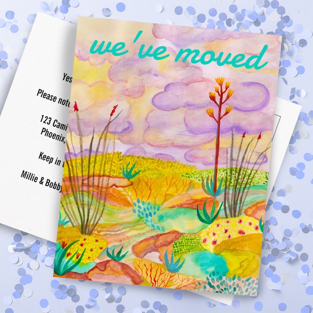 Cartão Postal NOVA CASA Deserto Sonha Aquarela Novo México (NEW HOME Desert Dreams Watercolor New Mexico Postcard Moving Announcement Housewarming New Address )