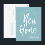 Cartão Postal Nova Casa | Minimamente Robin Egg Blue | Novo Ende<br><div class="desc">Um cartão-postal de lançamento em movimento, em estilo de script, Robin Blue e branco. Ele apresenta um texto grande com as palavras "Nova casa", seguido das informações de endereço abaixo. A maioria dos elementos individuais do cartão de convite estão desbloqueados, portanto, sinta-se livre para alterar ou adicionar os detalhes necessários...</div>