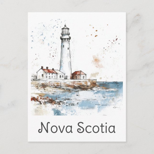 Cartão Postal Nova Escócia Canadá Farol Viagem de Aquarela (Frente)