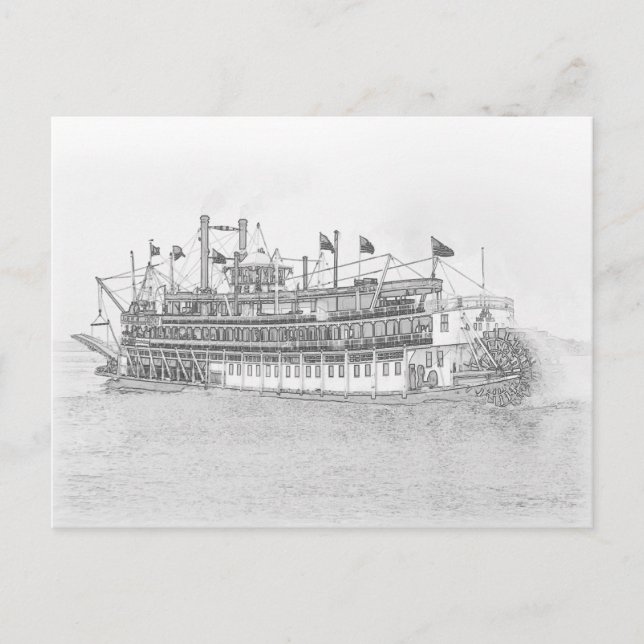 Cartão Postal Nova Orleans Steamboat Black & White Sketch (Frente)