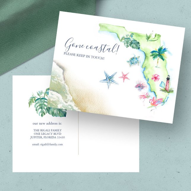 Cartão Postal Nova Postagem de Anúncio de Mudança para o Estado  (Florida moving announcement unique watercolor map art by Victoria Grigaliunas of Do Tell A Belle)