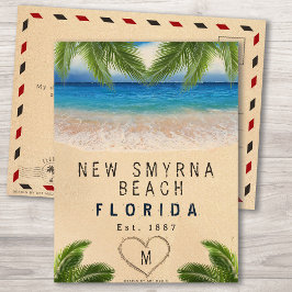 Cartão Postal Nova praia de Smyrna Flórida Areia Folhas Tropicai