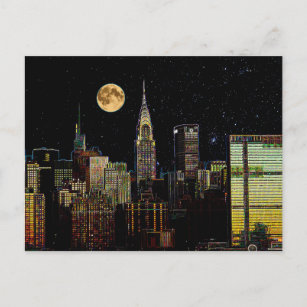 Cartão Postal Nova York Skyline À Noite Com Lua Cheia