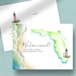 Cartão Postal Novo Anúncio de Movimentação do Estado da Flórida<br><div class="desc">Anúncios vibrantes de mudança de cor d'água que permitem a amigos e familiares saber sobre sua nova casa doce! Design apresenta uma réplica da minha mão original pintada de aquarela da Flórida com o farol de Júpiter e ondas oceânicas em tons de azul, turquesa e verde. Seu anúncio personalizado (mostrado...</div>
