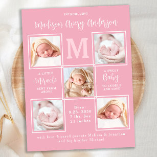 Cartão Postal Novo anúncio de nascimento do bebê cor-de-rosa com
