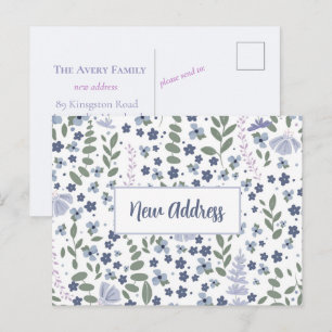 Cartão Postal Novo Endereço Aquarela Floral Azul e Lavanda