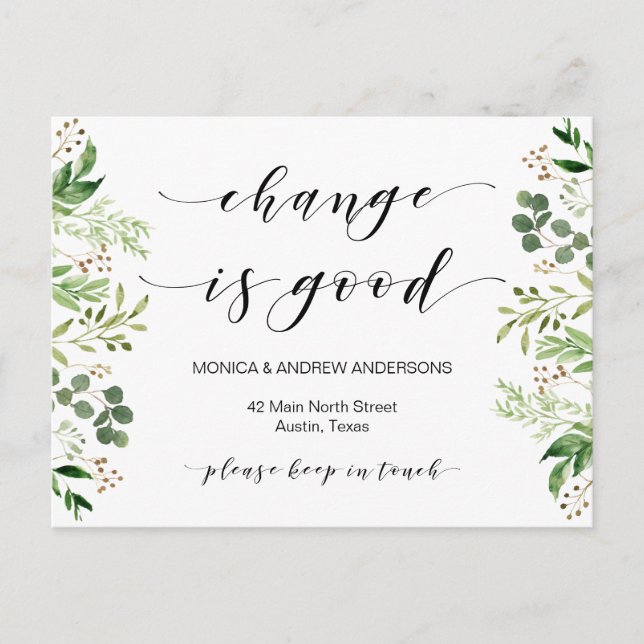 Cartão Postal Novo Endereço Doméstico, Verde, Anúncio em Movimen (Frente)