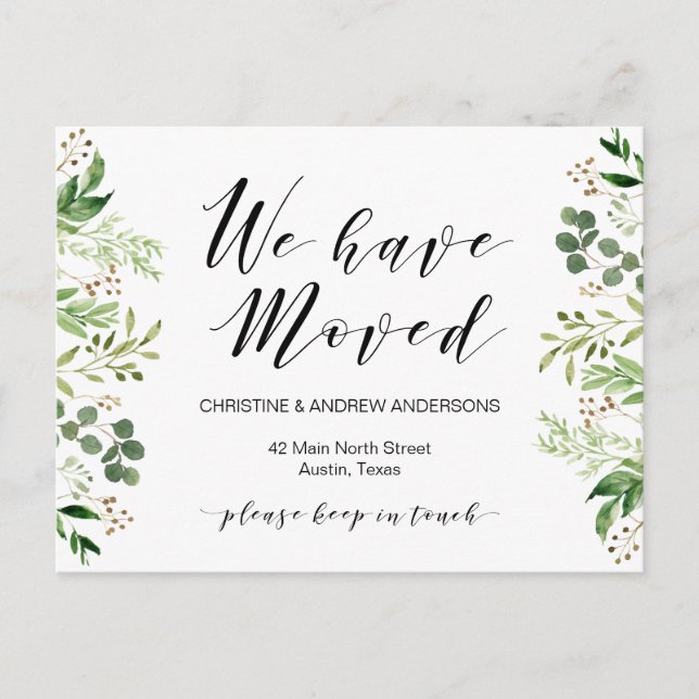 Cartão Postal Novo Endereço Doméstico, Verde, Anúncio em Movimen (Frente)