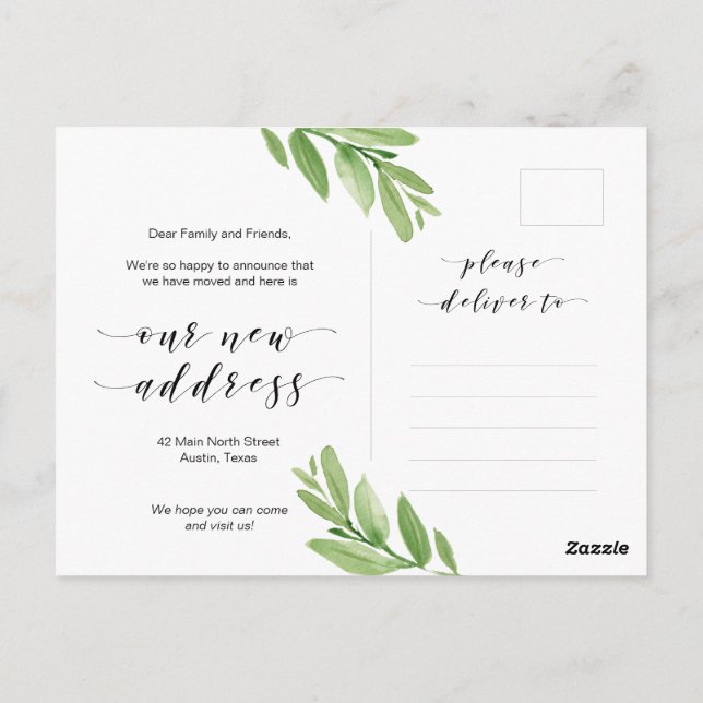 Cartão Postal Novo Endereço Doméstico, Verde, Anúncio em Movimen (Verso)