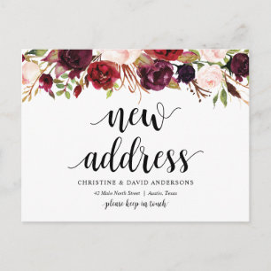 Cartão Postal Novo endereço residencial, burgundy floral, Anún