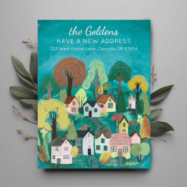 Cartão Postal Novo endereço residencial movendo a arte de vilare (Moving announcement address change custom postcard with cute charming village illustration. )