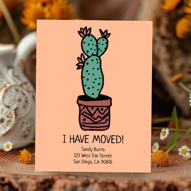 Cartão Postal Novo Endereço Residencial Movendo o Anunciamento C (New Home Address Change Moving Announcement Cactus Doodle  New Appartment Postcard)