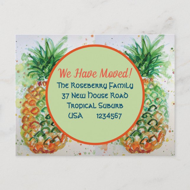 Cartão Postal Novo Endereço Tropical De Pineapple Que Mudámos (Frente)