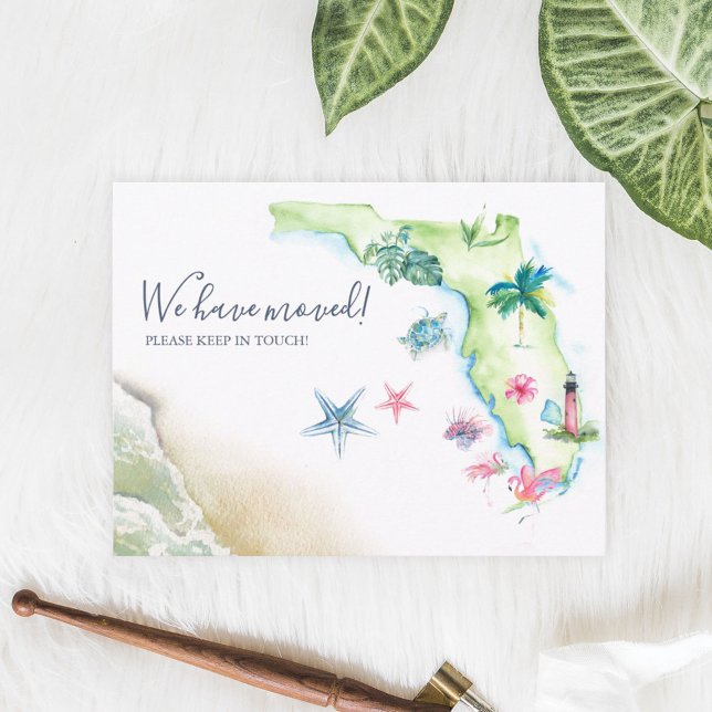 Cartão Postal Novo Lar Flórida Estado Anúncio de Mudança (Custom Florida moving announcement cards feature unique watercolor art by Victoria Grigaliunas)