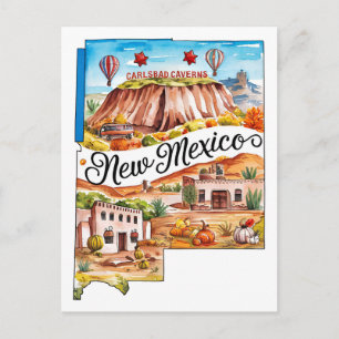 Cartão Postal Novo México EUA Estado Formato Aquarela Vintage