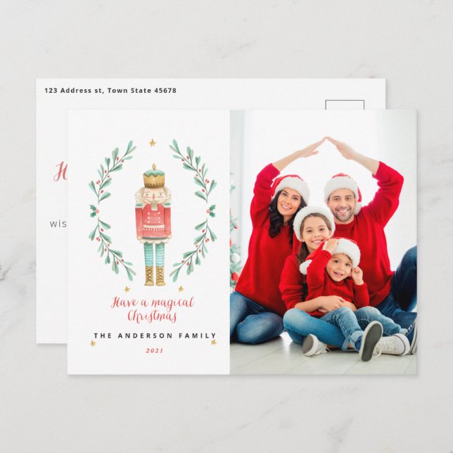 Cartão Postal Noz-cracker aquarela botânica 1 fotografia Natal (Frente/Verso)